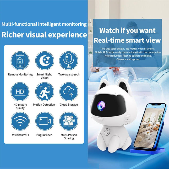 Smart Home Camera With Night Vision & Two-Way Voice & Motion Detection - Cute Pets White-1902560077827674117