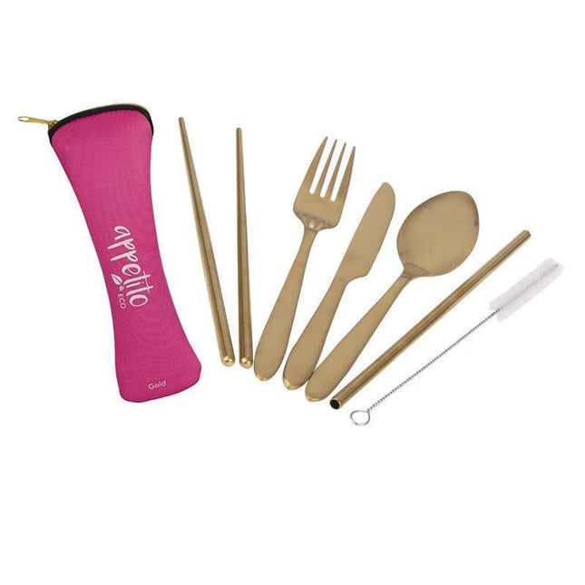 Appetito ? Stainless Steel Traveller?s Cutlery Set in Zippered Pouch Fuschia-1875027416934649856
