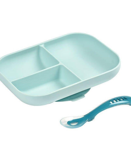 Beaba Silicone Suction Divided Plate & Spoon - Blue-1875027413856030720