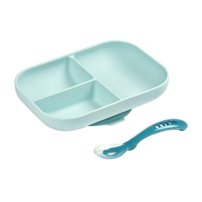 Beaba Silicone Suction Divided Plate & Spoon - Blue-1875027413856030720