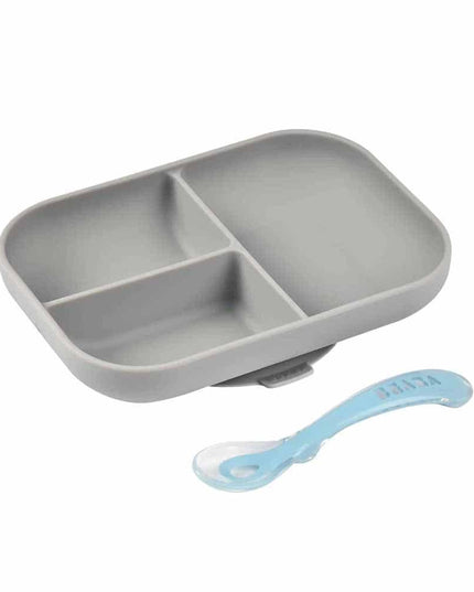 Beaba Silicone Suction Divided Plate & Spoon - Grey-1875027414120271872