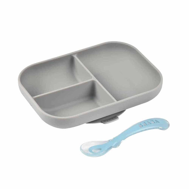 Beaba Silicone Suction Divided Plate & Spoon - Grey-1875027414120271872