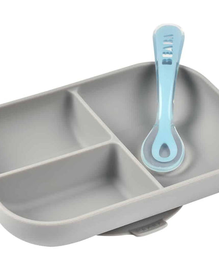 Beaba Silicone Suction Divided Plate & Spoon - Grey-1875027414120271873