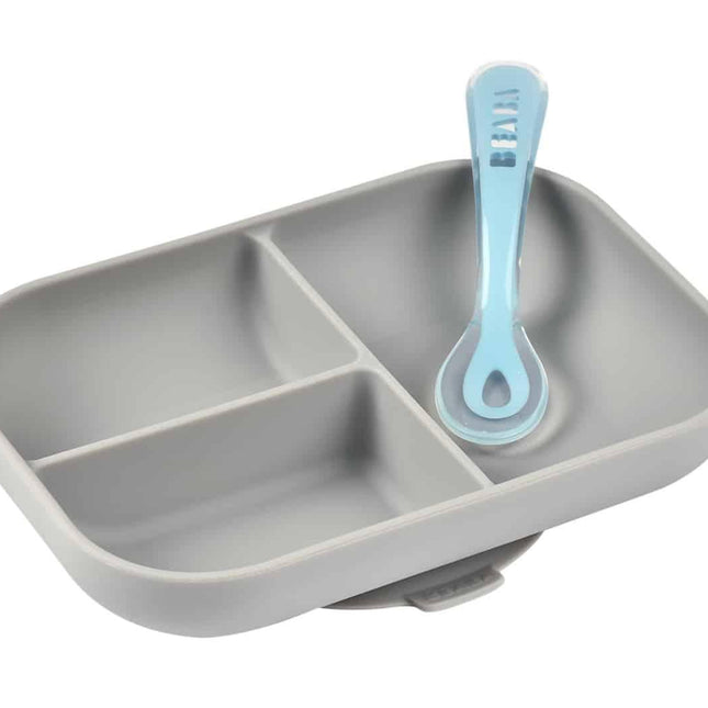 Beaba Silicone Suction Divided Plate & Spoon - Grey-1875027414120271873