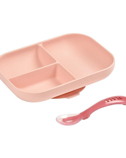 Beaba Silicone Suction Divided Plate & Spoon - Pink-1875027413986054144