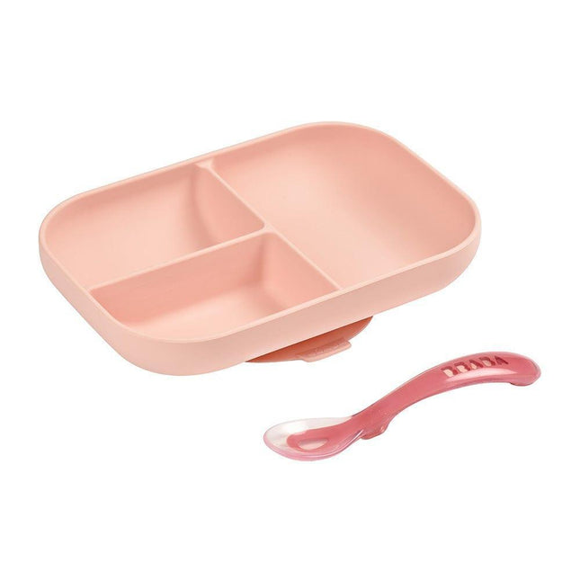 Beaba Silicone Suction Divided Plate & Spoon - Pink-1875027413986054144