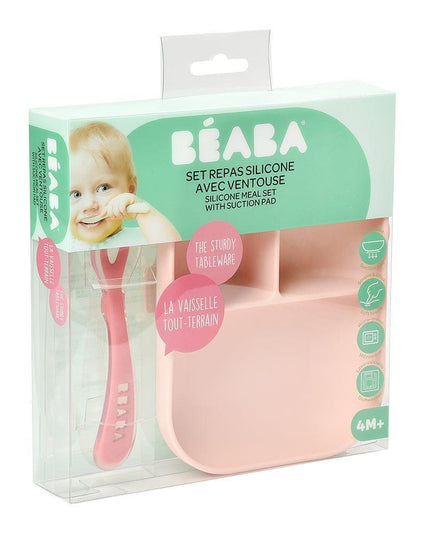 Beaba Silicone Suction Divided Plate & Spoon - Pink-1875027413986054146