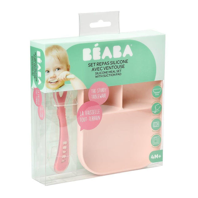 Beaba Silicone Suction Divided Plate & Spoon - Pink-1875027413986054146