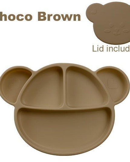 Grosmimi Bear Silicone Suction Food Plate with Silicone Lid Chocolate Brown-1875027395967324166