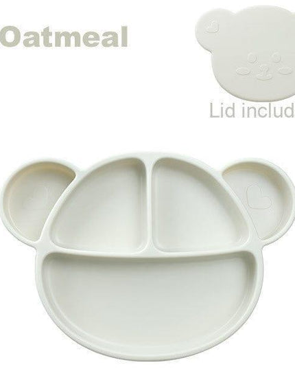 Grosmimi Bear Silicone Suction Food Plate with Silicone Lid Oatmeal-1875027396122513416