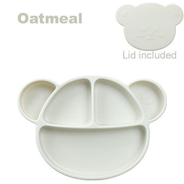 Grosmimi Bear Silicone Suction Food Plate with Silicone Lid Oatmeal-1875027396122513416