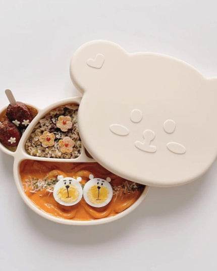 Grosmimi Bear Silicone Suction Food Plate with Silicone Lid Chocolate Brown-1875027395967324160