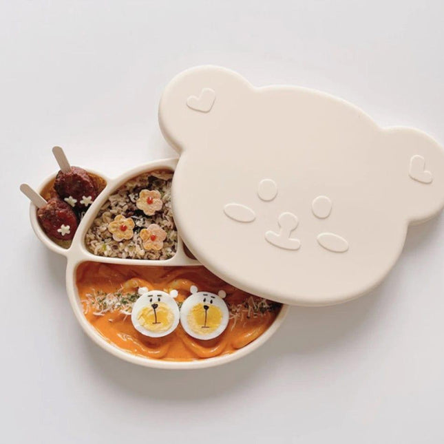Grosmimi Bear Silicone Suction Food Plate with Silicone Lid Chocolate Brown-1875027395967324160