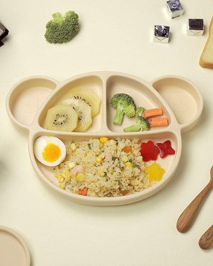 Grosmimi Bear Silicone Suction Food Plate with Silicone Lid Oatmeal-1875027396122513408