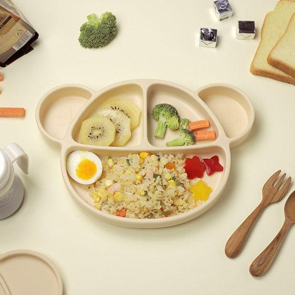 Grosmimi Bear Silicone Suction Food Plate with Silicone Lid Oatmeal-1875027396122513408