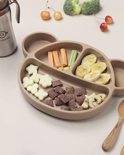 Grosmimi Bear Silicone Suction Food Plate with Silicone Lid Chocolate Brown-1875027395967324162