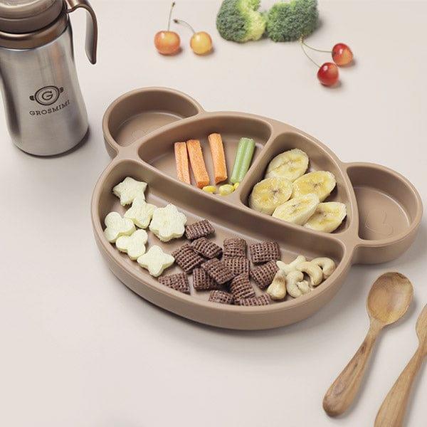 Grosmimi Bear Silicone Suction Food Plate with Silicone Lid Chocolate Brown-1875027395967324162