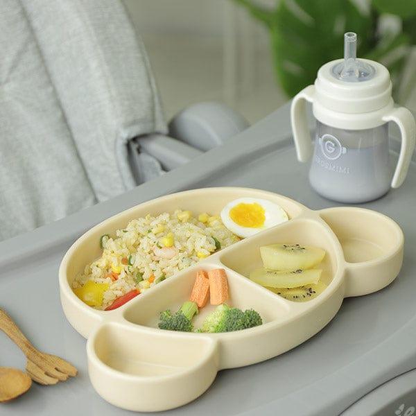 Grosmimi Bear Silicone Suction Food Plate with Silicone Lid Vanilla-1875027396281896963