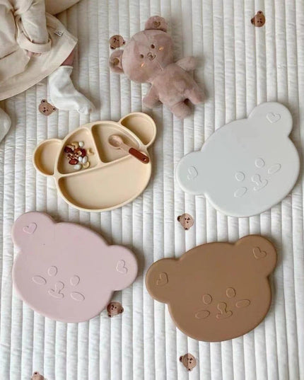 Grosmimi Bear Silicone Suction Food Plate with Silicone Lid Vanilla-1875027396281896964