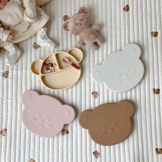 Grosmimi Bear Silicone Suction Food Plate with Silicone Lid Vanilla-1875027396281896964