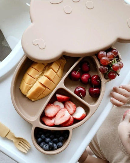 Grosmimi Bear Silicone Suction Food Plate with Silicone Lid Chocolate Brown-1875027395967324165