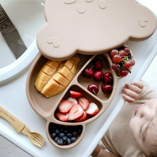 Grosmimi Bear Silicone Suction Food Plate with Silicone Lid Vanilla-1875027396281896965