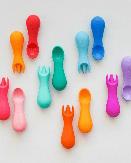 Marcus & Marcus -Palm Grasp Silicone Spoon & Fork Set Lucas the Hippo- Blue-1875027415667970049