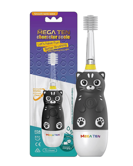 MEGA TEN 360-Degree Kids Electric Toothbrush with LED Light 4Yrs+ Black Cat-1875027403781312512