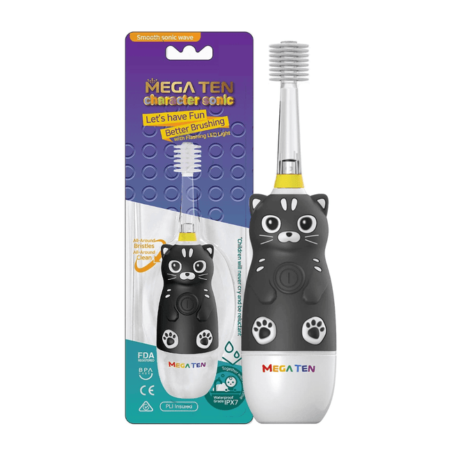MEGA TEN 360-Degree Kids Electric Toothbrush with LED Light 4Yrs+ Black Cat-1875027403781312512
